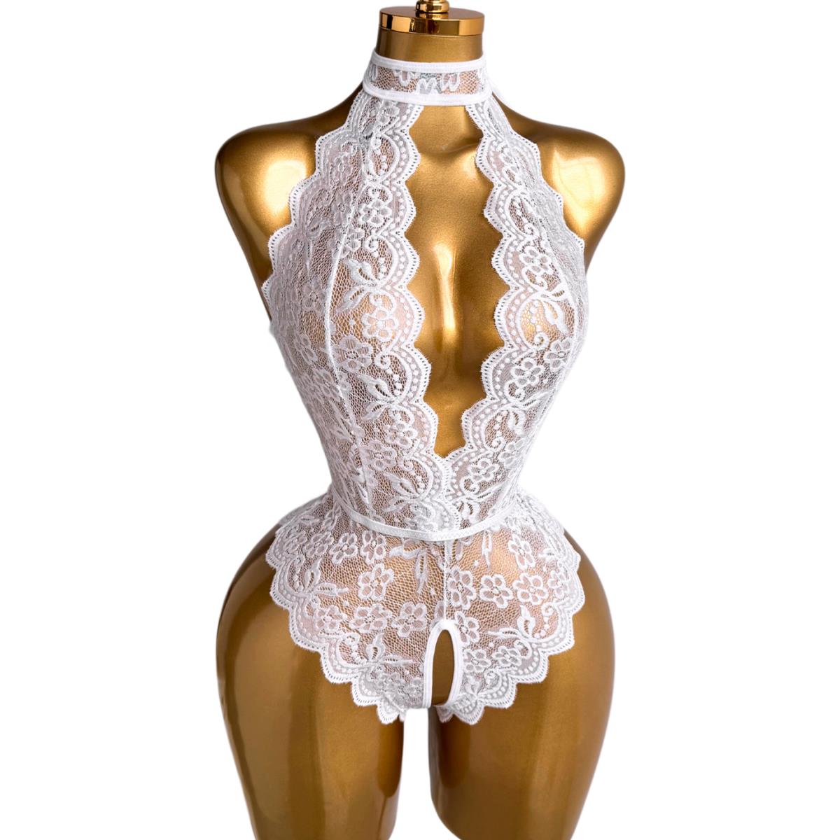 Lace Teddy Lingerie - Lingerie Teddies Renda Bunga Putih dengan