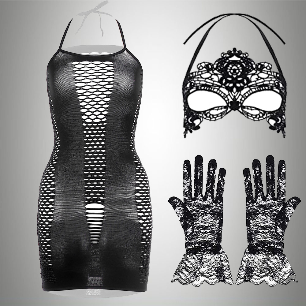 Bodystocking Fishnet - 3 IN 1 Set Gaun Eksotis