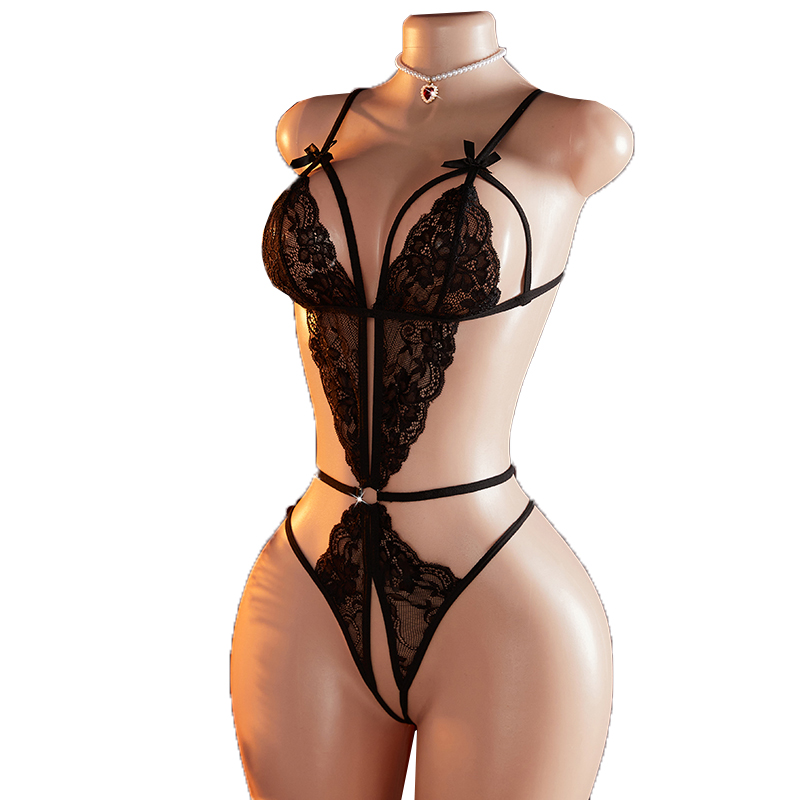 Lace Teddy Lingerie - Lingerie Renda Hitam Berongga Satu Potong