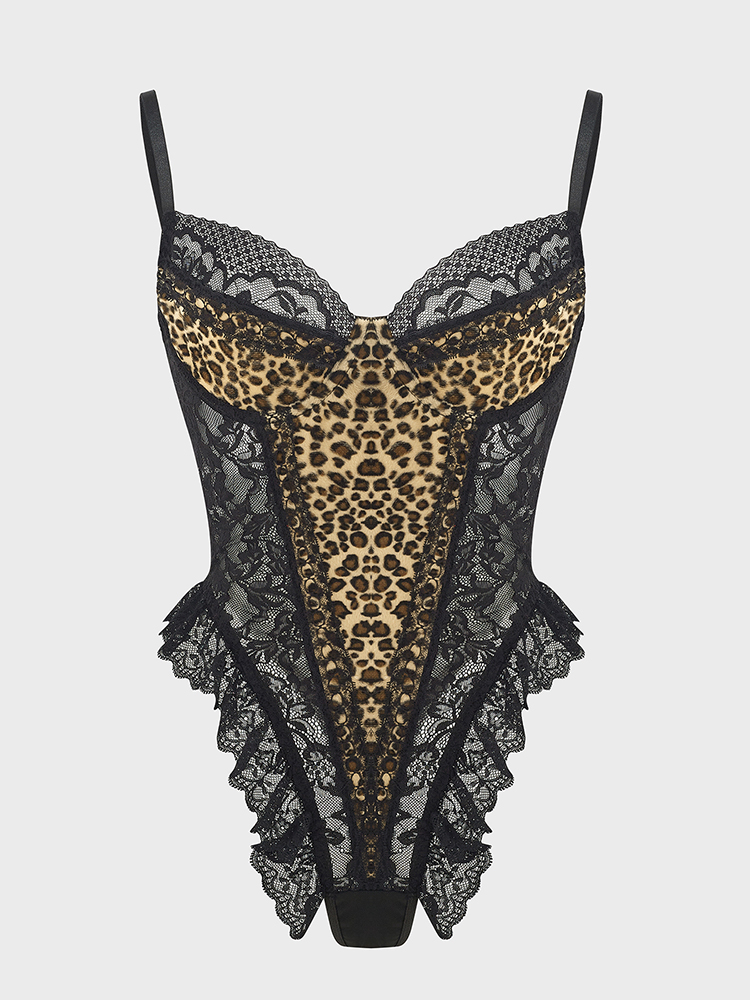 Shapewear Bodysuit Firm - Bodysuit pola macan tutul renda seksi