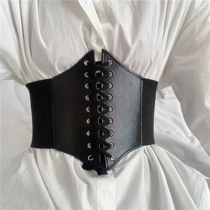 Corset Waist Cinch - Korset kulit sintetis untuk wanita, sabuk