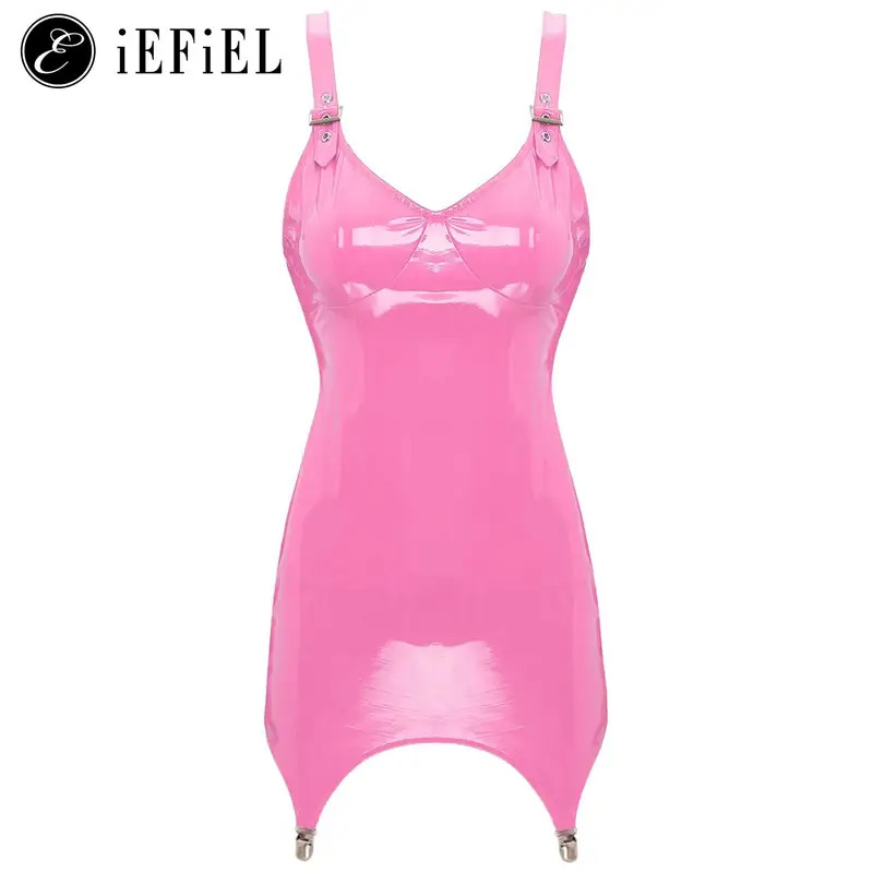 Babydoll Chemise Night - Gaun Mini Kerah V Kulit PVC